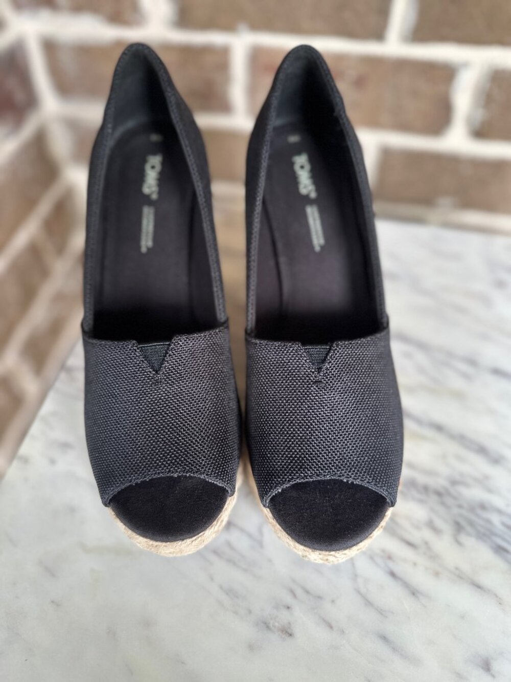 TOMS Michelle Peep Toe Espadrille Wedge Pump Black Sandal Slip-on Heels Size 9 - Picture 6 of 15